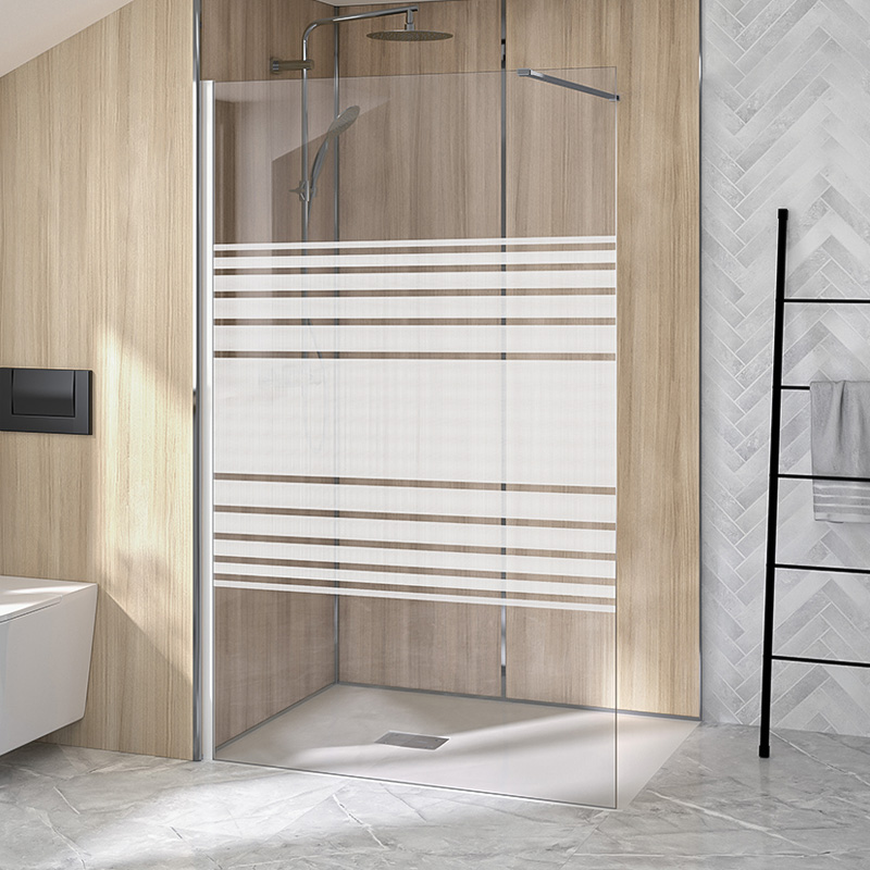 Supra Solo walk-in with stripe patterned glass and white profile