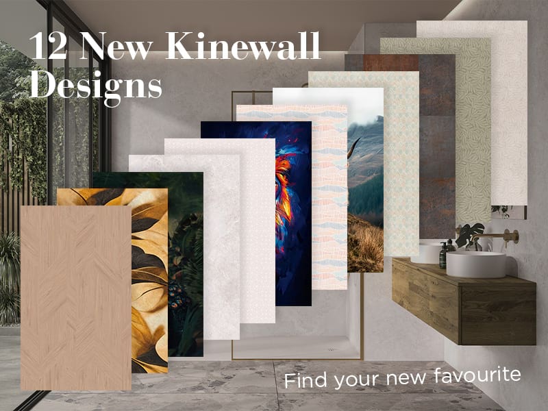 12 new Kinewall bathroom wall panel designs including botanical, marble, geometric and statement styles.