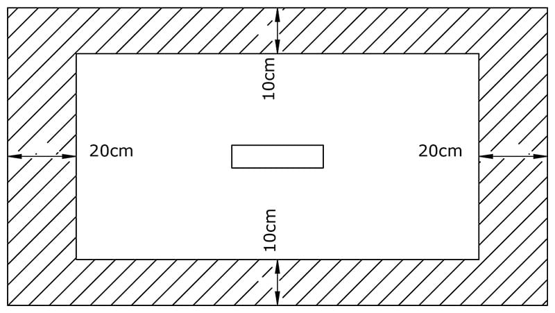 Diagram showing permitted cuttable areas on a shower tray