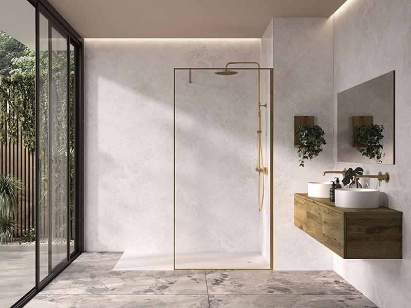 A Marble Haze Kinewall bathroom wall panel installed within a modern bathroom.